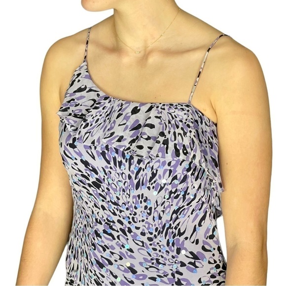 NICOLE MILLER 100% SILK ABSTRACT LEOPARD SEQUIN RUFFLE SPAGHETTI STRAP GOWN - Picture 13 of 17